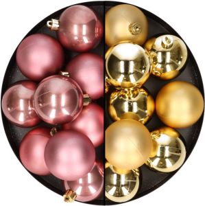 Merkloos 24x stuks kunststof kerstballen mix van goud en oudroze 6 cm Kerstbal