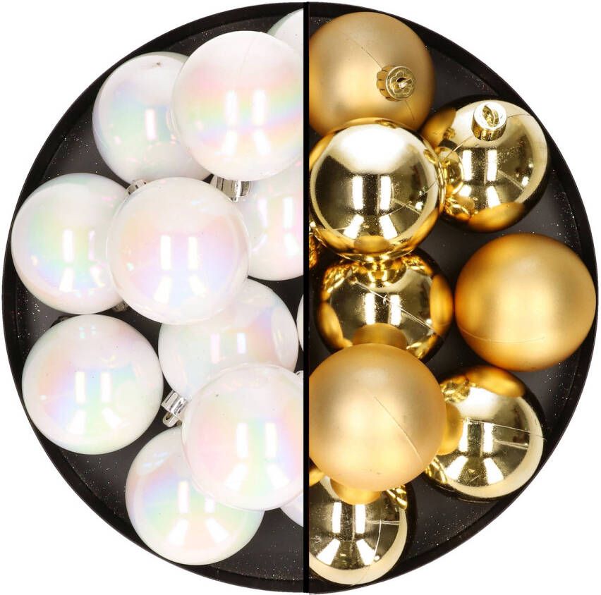 Merkloos 24x stuks kunststof kerstballen mix van goud en parelmoer wit 6 cm Kerstbal