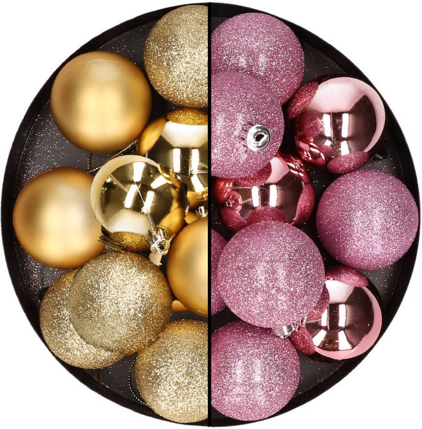 Merkloos 24x stuks kunststof kerstballen mix van goud en roze 6 cm Kerstbal