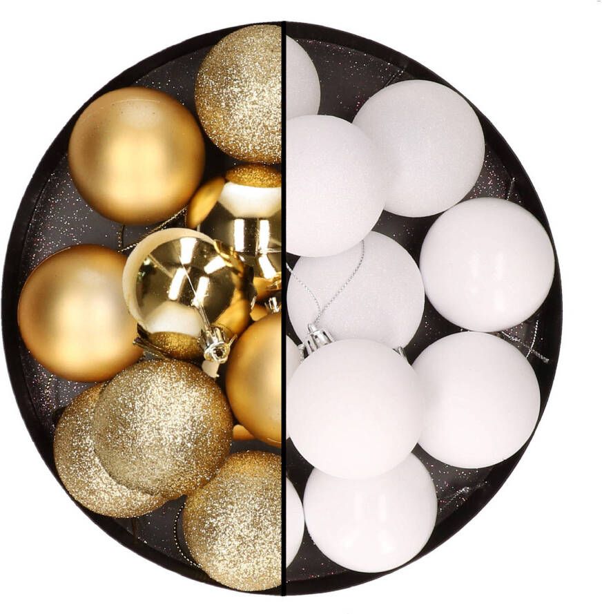 Merkloos 24x stuks kunststof kerstballen mix van goud en wit 6 cm Kerstbal