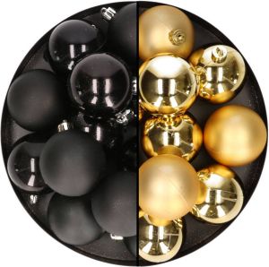 Merkloos 24x stuks kunststof kerstballen mix van goud en zwart 6 cm Kerstbal