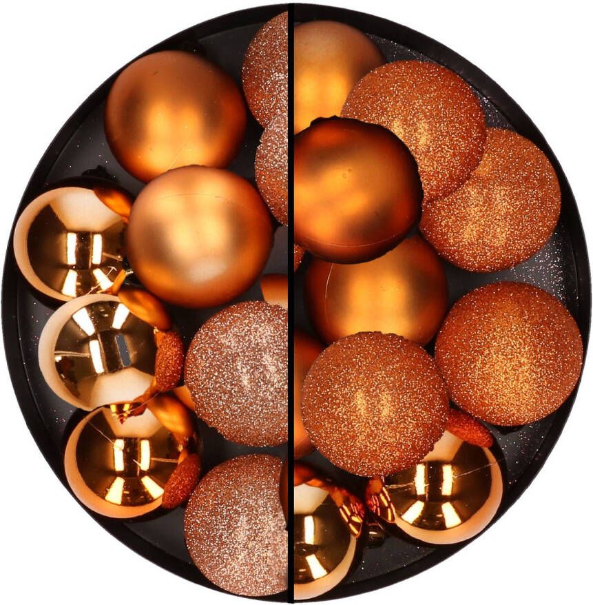 Merkloos 24x stuks kunststof kerstballen mix van koper en oranje 6 cm Kerstbal
