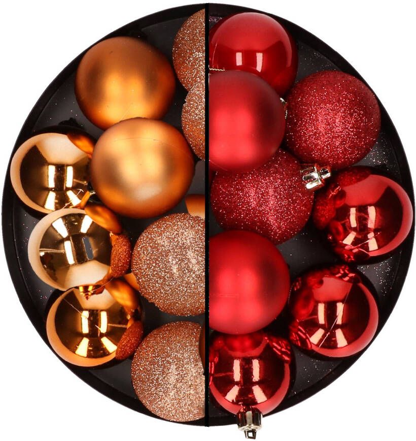 Merkloos 24x stuks kunststof kerstballen mix van koper en rood 6 cm Kerstbal