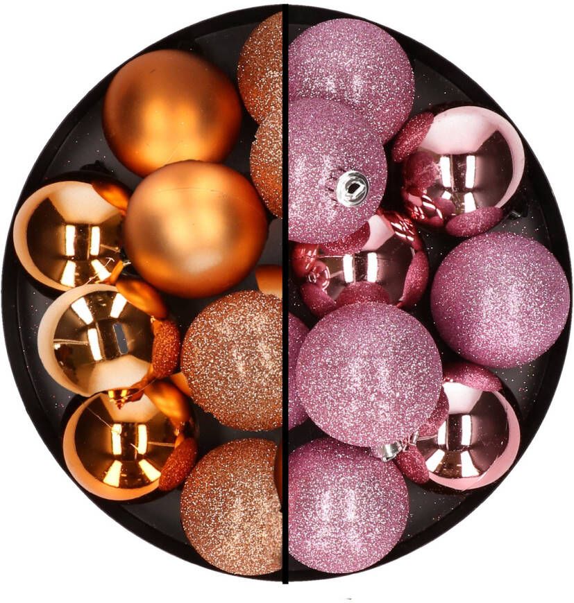 Merkloos 24x stuks kunststof kerstballen mix van koper en roze 6 cm Kerstbal