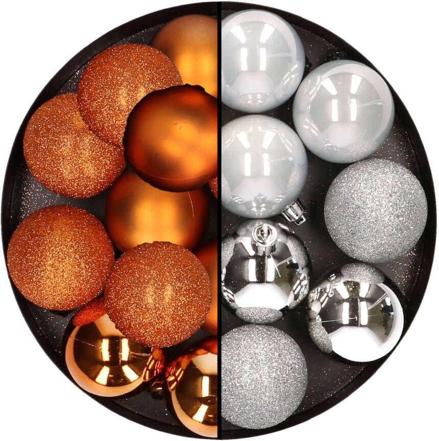 Merkloos 24x stuks kunststof kerstballen mix van koper en zilver 6 cm Kerstbal