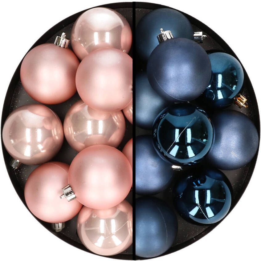 Merkloos 24x stuks kunststof kerstballen mix van lichtroze en donkerblauw 6 cm Kerstbal