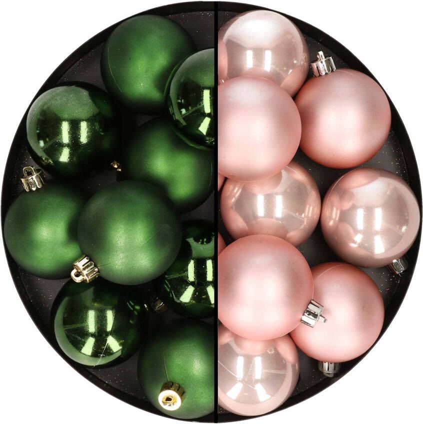 Merkloos 24x stuks kunststof kerstballen mix van lichtroze en donkergroen 6 cm Kerstbal