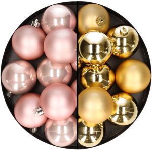 Merkloos 24x stuks kunststof kerstballen mix van lichtroze en goud 6 cm Kerstbal