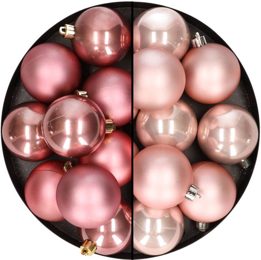 Merkloos 24x stuks kunststof kerstballen mix van lichtroze en oudroze 6 cm Kerstbal
