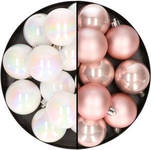 Merkloos 24x Stuks Kunststof Kerstballen Mix Van Lichtroze En Parelmoer Wit 6 Cm Kerstbal