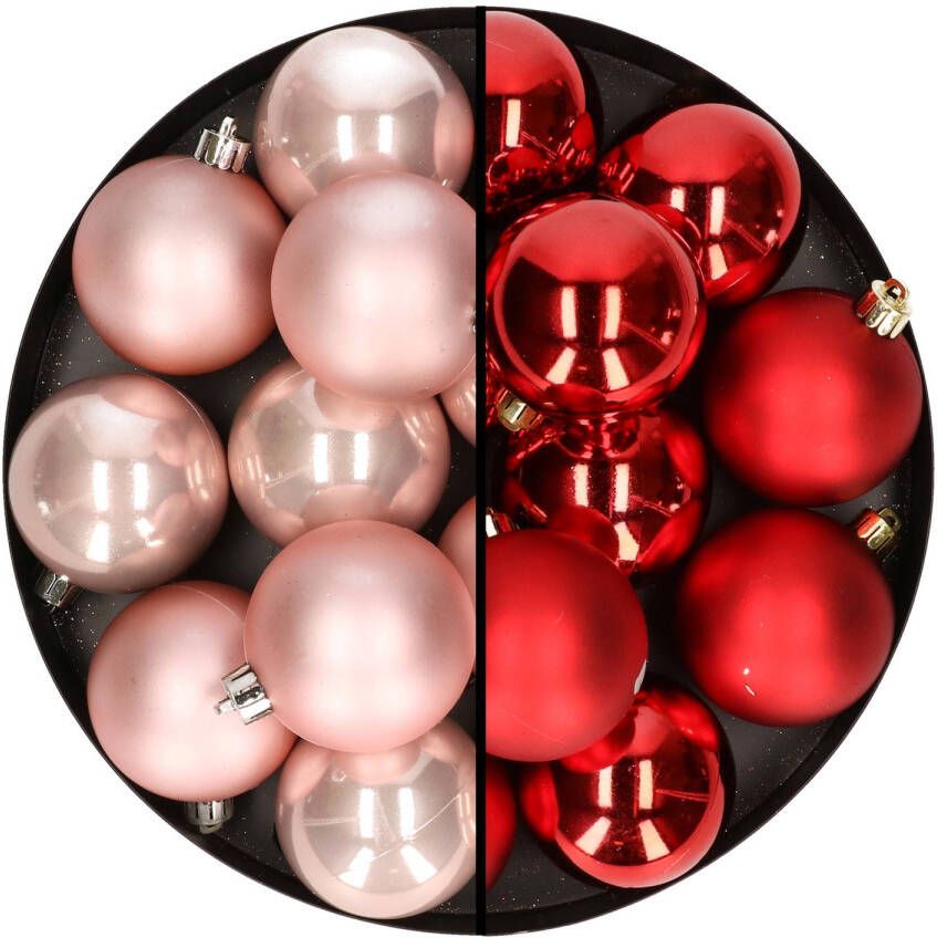 Merkloos 24x stuks kunststof kerstballen mix van lichtroze en rood 6 cm Kerstbal
