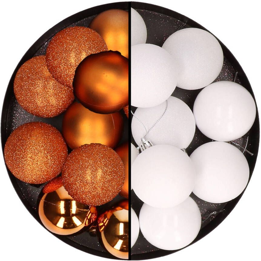 Merkloos 24x stuks kunststof kerstballen mix van oranje en wit 6 cm Kerstbal