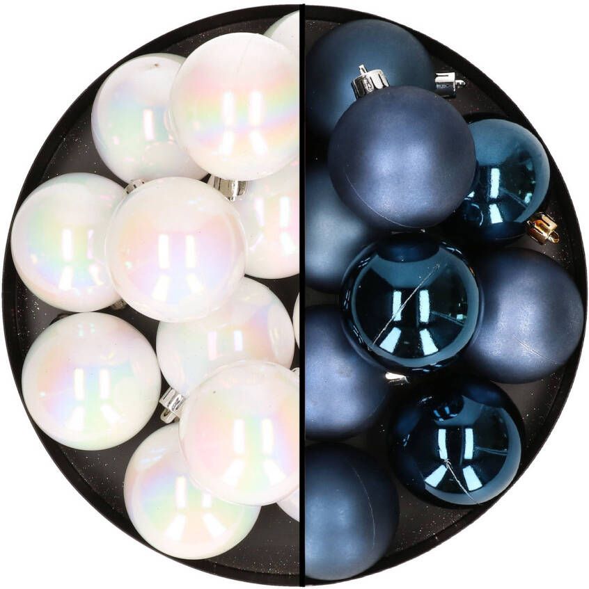 Merkloos 24x stuks kunststof kerstballen mix van parelmoer wit en donkerblauw 6 cm Kerstbal
