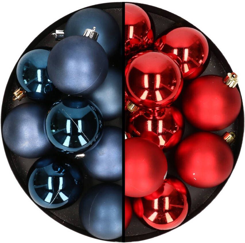 Merkloos 24x stuks kunststof kerstballen mix van rood en donkerblauw 6 cm Kerstbal