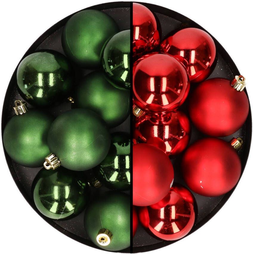 Merkloos 24x stuks kunststof kerstballen mix van rood en donkergroen 6 cm Kerstbal