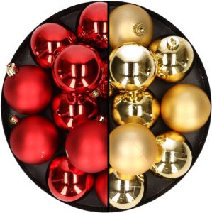 Merkloos 24x stuks kunststof kerstballen mix van rood en goud 6 cm Kerstbal