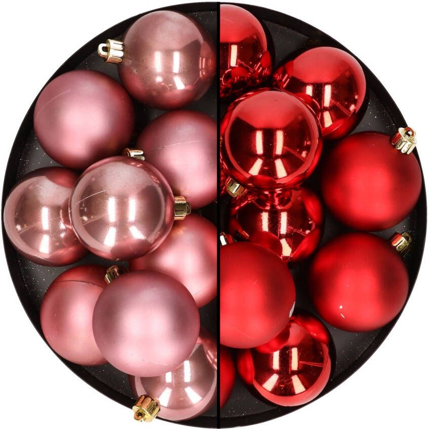 Merkloos 24x stuks kunststof kerstballen mix van rood en oudroze 6 cm Kerstbal