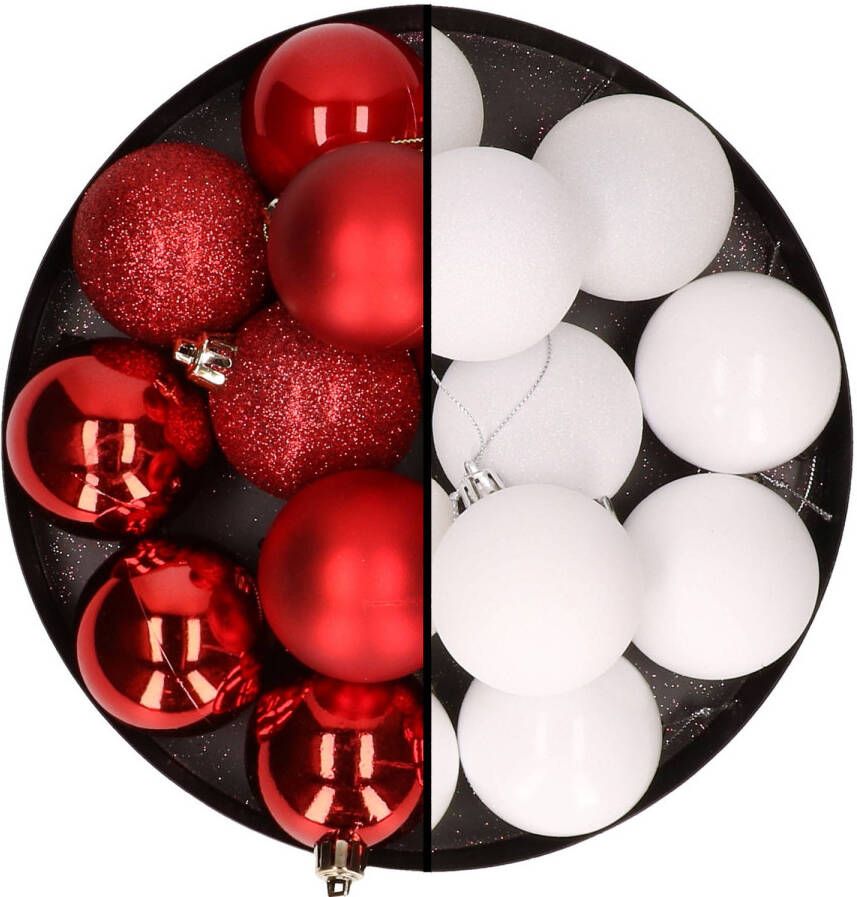 Merkloos 24x stuks kunststof kerstballen mix van rood en wit 6 cm Kerstbal