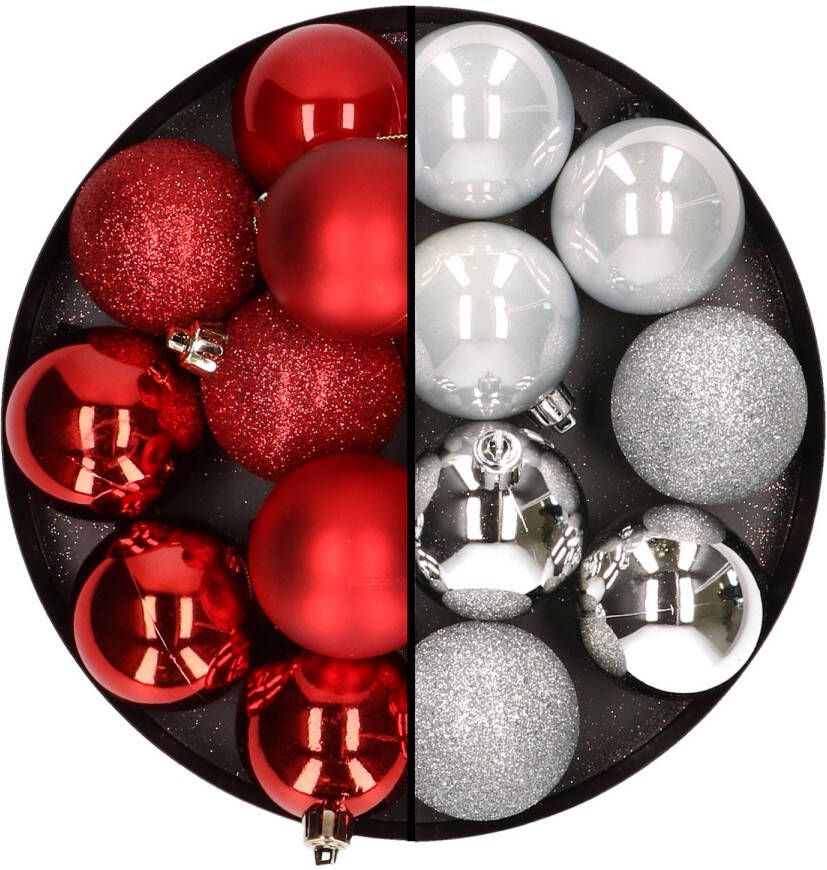 Merkloos 24x stuks kunststof kerstballen mix van rood en zilver 6 cm Kerstbal