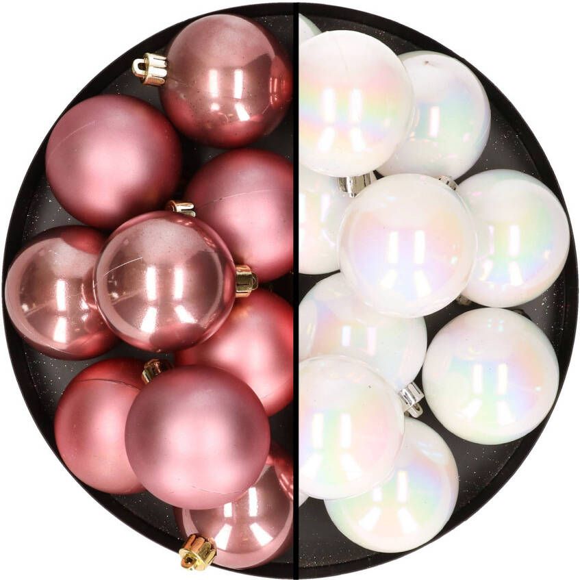 Merkloos 24x stuks kunststof kerstballen mix van velvet roze en parelmoer wit 6 cm Kerstbal