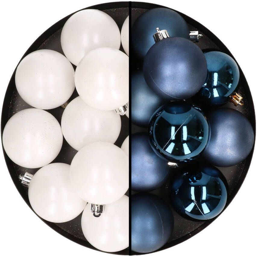 Merkloos 24x stuks kunststof kerstballen mix van wit en donkerblauw 6 cm Kerstbal