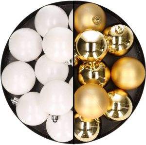 Merkloos 24x stuks kunststof kerstballen mix van wit en goud 6 cm Kerstbal