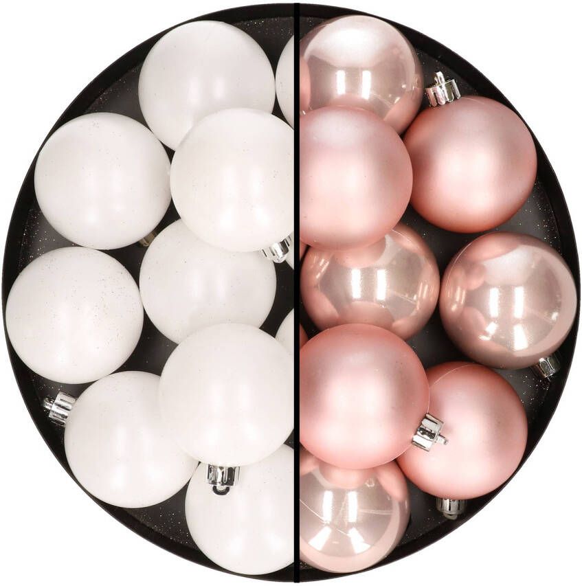 Merkloos 24x stuks kunststof kerstballen mix van wit en lichtroze 6 cm Kerstbal