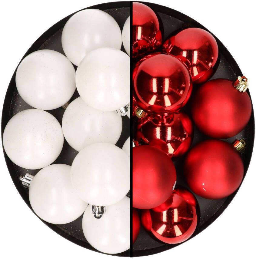 Merkloos 24x stuks kunststof kerstballen mix van wit en rood 6 cm Kerstbal