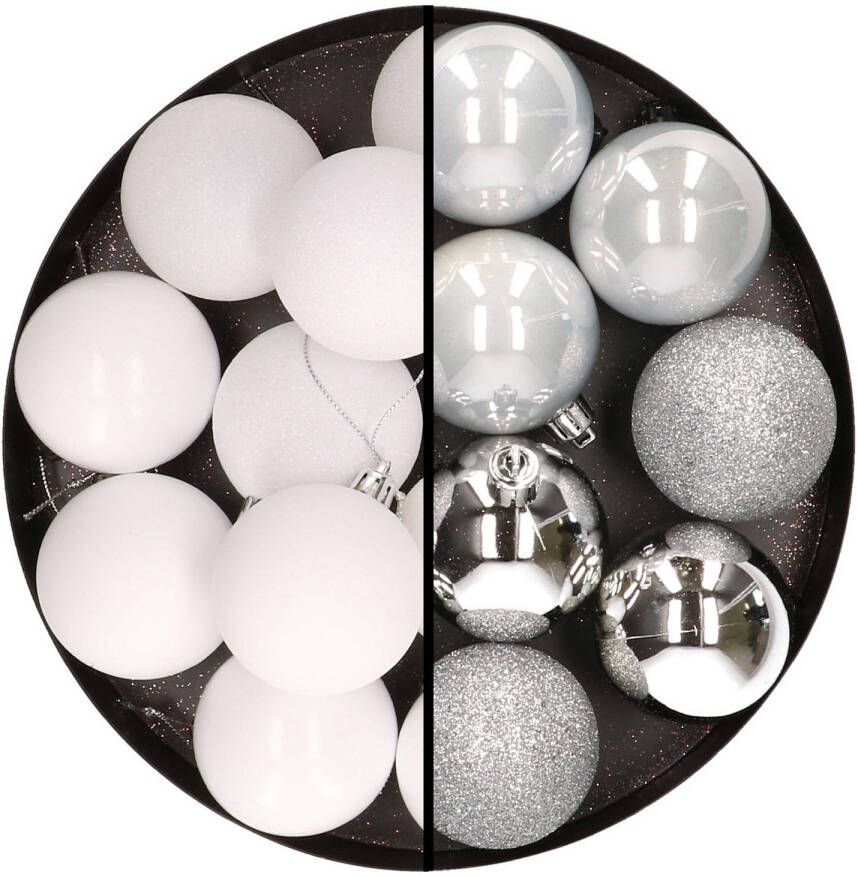 Merkloos 24x stuks kunststof kerstballen mix van wit en zilver 6 cm Kerstbal