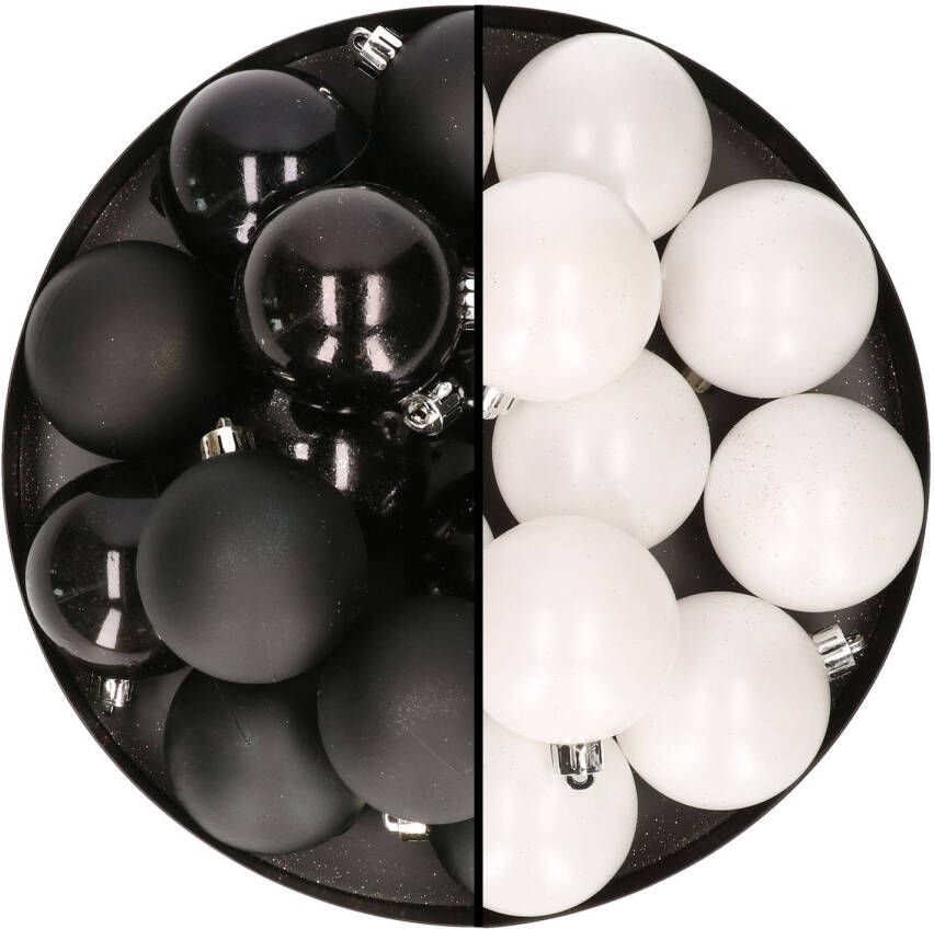 Merkloos 24x stuks kunststof kerstballen mix van wit en zwart 6 cm Kerstbal