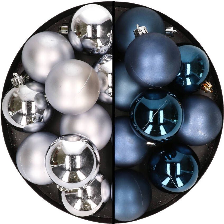 Merkloos 24x stuks kunststof kerstballen mix van zilver en donkerblauw 6 cm Kerstbal
