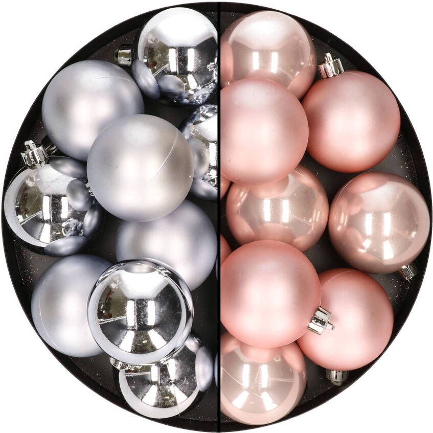 Merkloos 24x stuks kunststof kerstballen mix van zilver en lichtroze 6 cm Kerstbal