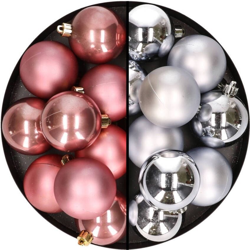 Merkloos 24x stuks kunststof kerstballen mix van zilver en oudroze 6 cm Kerstbal