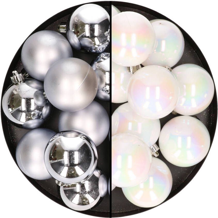 Merkloos 24x stuks kunststof kerstballen mix van zilver en parelmoer wit 6 cm Kerstbal