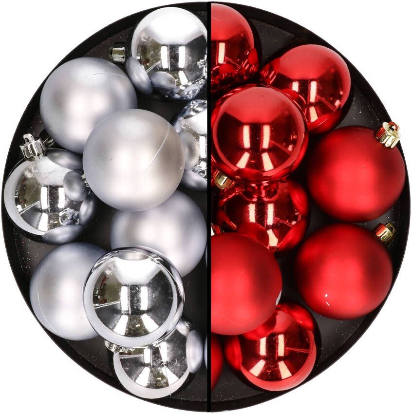 Merkloos 24x stuks kunststof kerstballen mix van zilver en rood 6 cm Kerstbal
