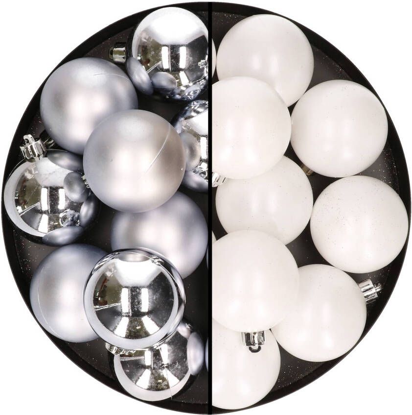 Merkloos 24x stuks kunststof kerstballen mix van zilver en wit 6 cm Kerstbal