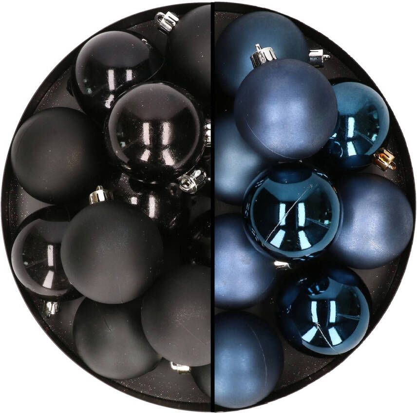 Merkloos 24x stuks kunststof kerstballen mix van zwart en donkerblauw 6 cm Kerstbal