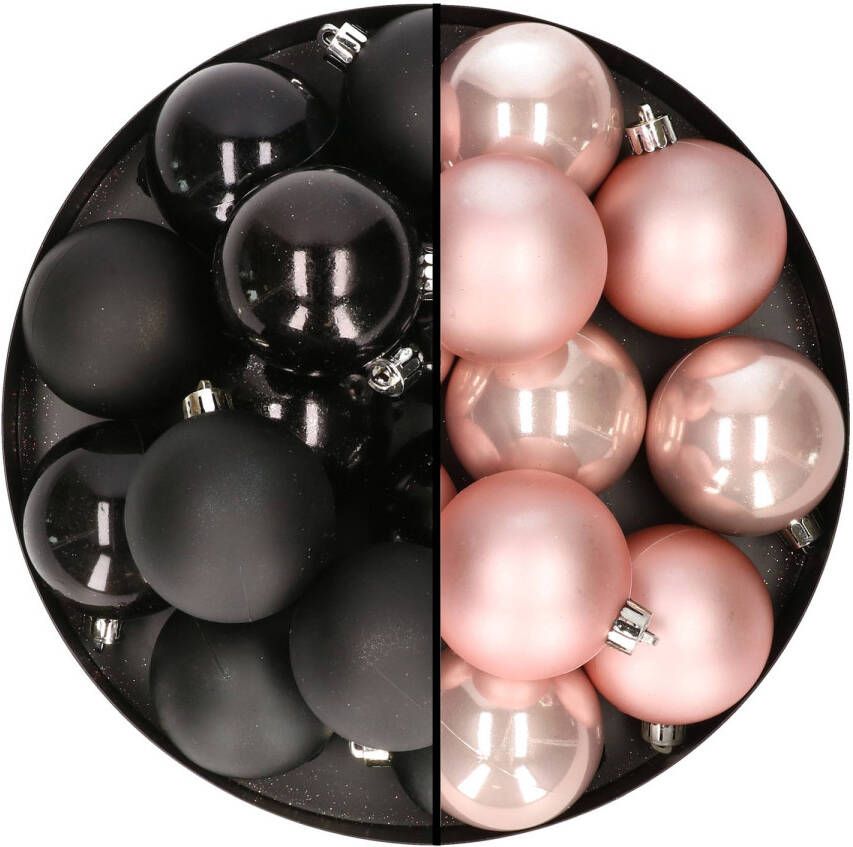 Merkloos 24x stuks kunststof kerstballen mix van zwart en lichtroze 6 cm Kerstbal