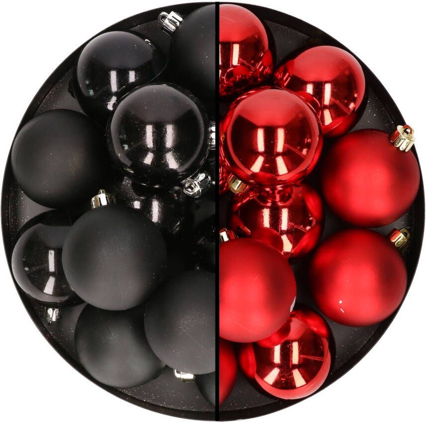 Merkloos 24x stuks kunststof kerstballen mix van zwart en rood 6 cm Kerstbal