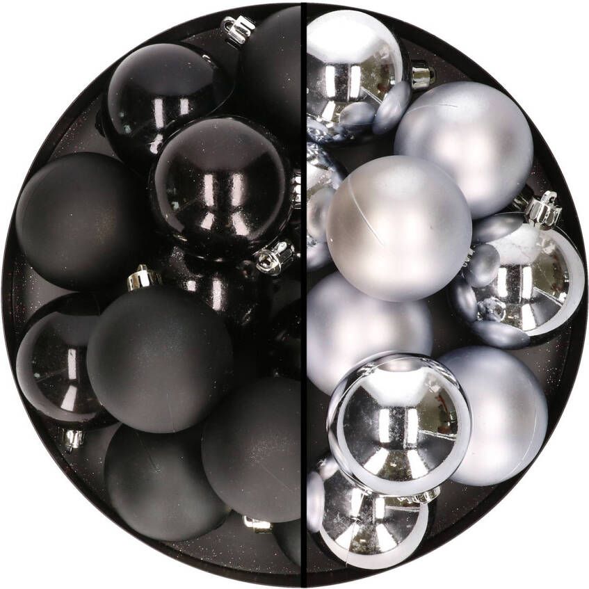 Merkloos 24x stuks kunststof kerstballen mix van zwart en zilver 6 cm Kerstbal