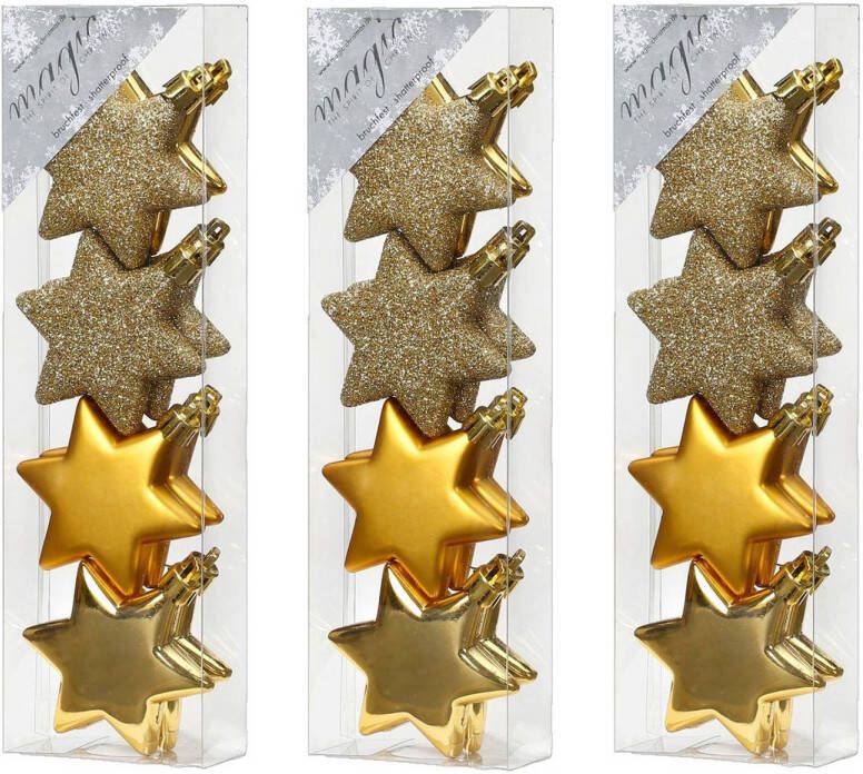 Merkloos 24x stuks kunststof kersthangers sterren goud 6 cm kerstornamenten Kersthangers