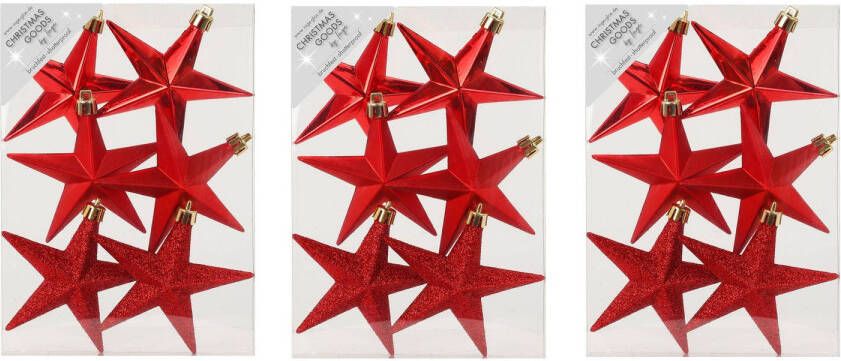 Merkloos 24x stuks kunststof kersthangers sterren rood 10 cm kerstornamenten Kersthangers
