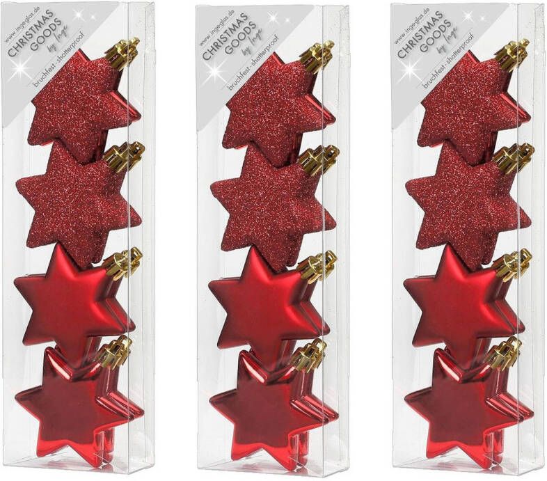 Merkloos 24x stuks kunststof kersthangers sterren rood 6 cm kerstornamenten Kersthangers