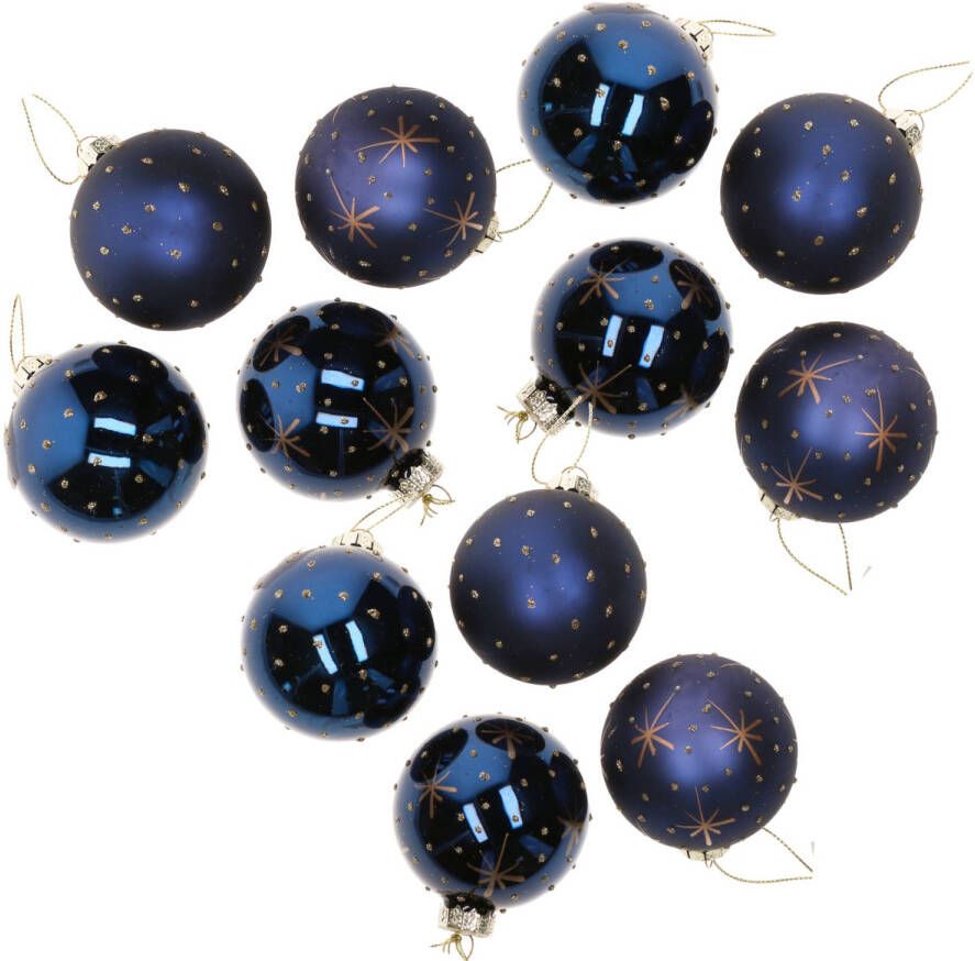 Merkloos 24x stuks luxe gedecoreerde glazen kerstballen blauw 6 cm Kerstbal