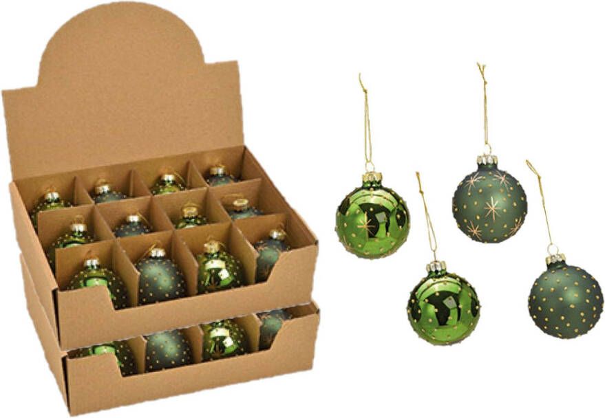 Merkloos 24x stuks luxe gedecoreerde glazen kerstballen groen 6 cm Kerstbal