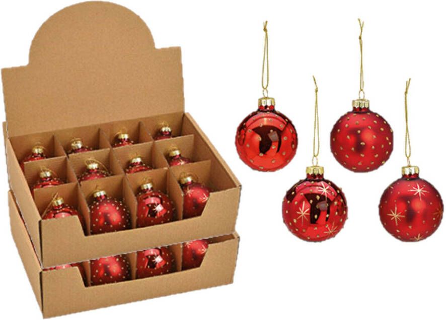 Merkloos 24x stuks luxe gedecoreerde glazen kerstballen rood 6 cm Kerstbal