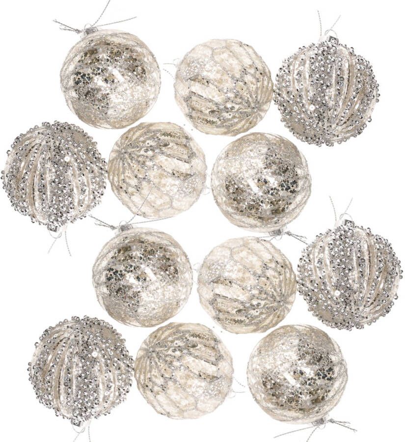 Merkloos 24x stuks luxe gedecoreerde glazen kerstballen zilver 6 cm Kerstbal