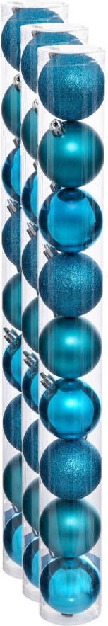 Merkloos 27x stuks kerstballen turquoise blauw glans en mat kunststof 6 cm Kerstbal