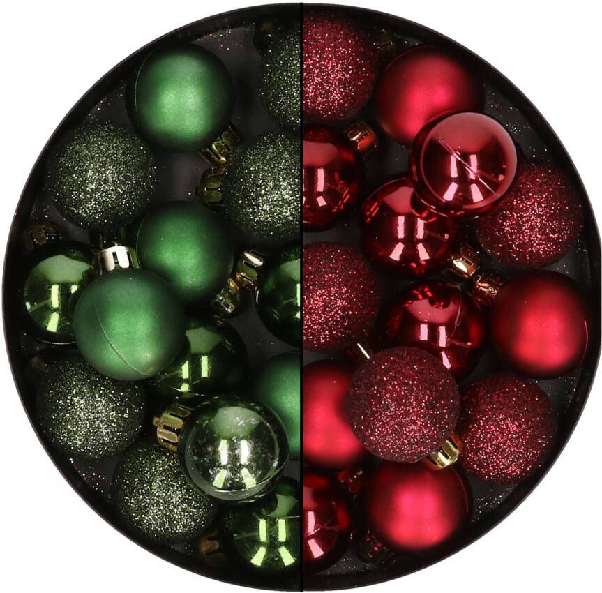 Merkloos 28x stuks kleine kunststof kerstballen bordeaux rood en dennengroen 3 cm Kerstbal