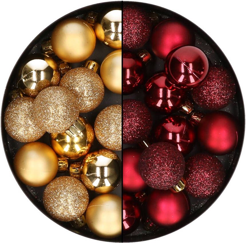 Merkloos 28x stuks kleine kunststof kerstballen bordeaux rood en goud 3 cm Kerstbal